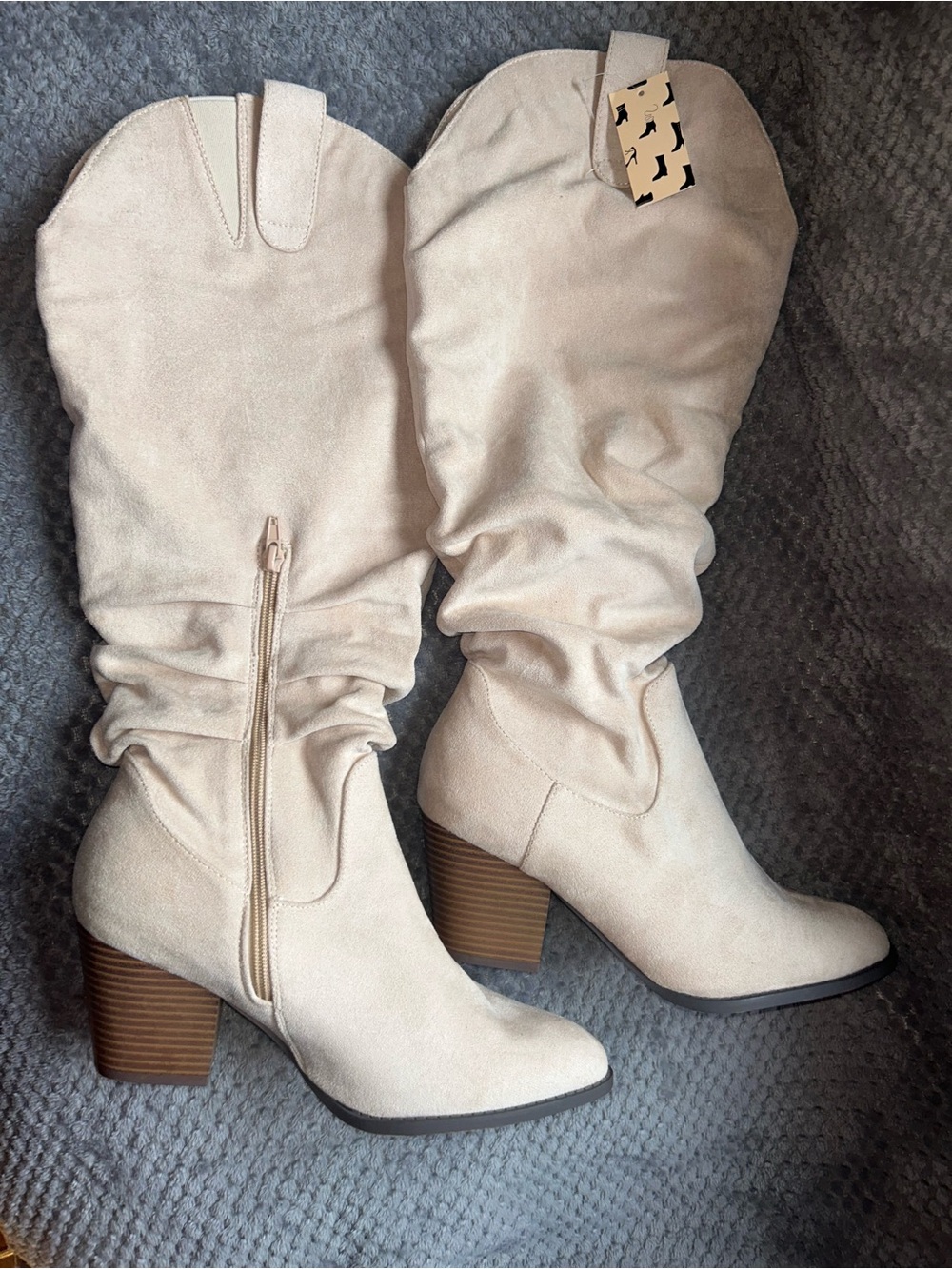 Mysoft - Beige 9.5W Slouch Mid-Calf Heeled Boots